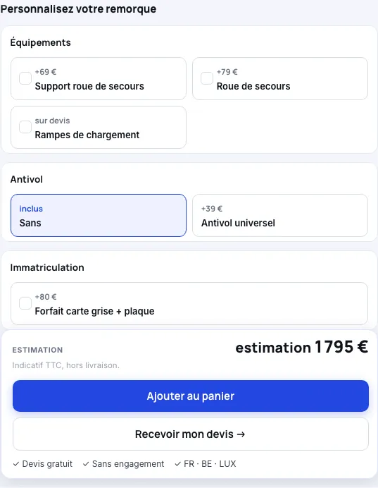 Aperçu du configurateur VEB Trailers : équipements, antivol et immatriculation